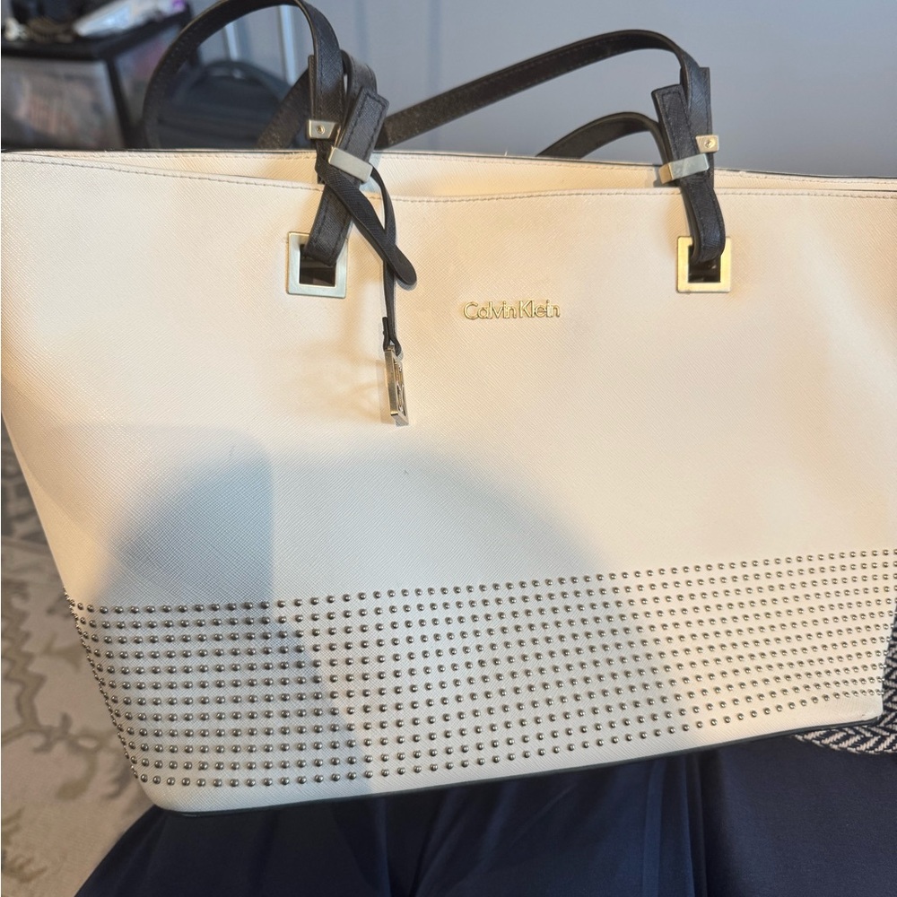 Calvin Klein Cream and Black Studded Tote Bag